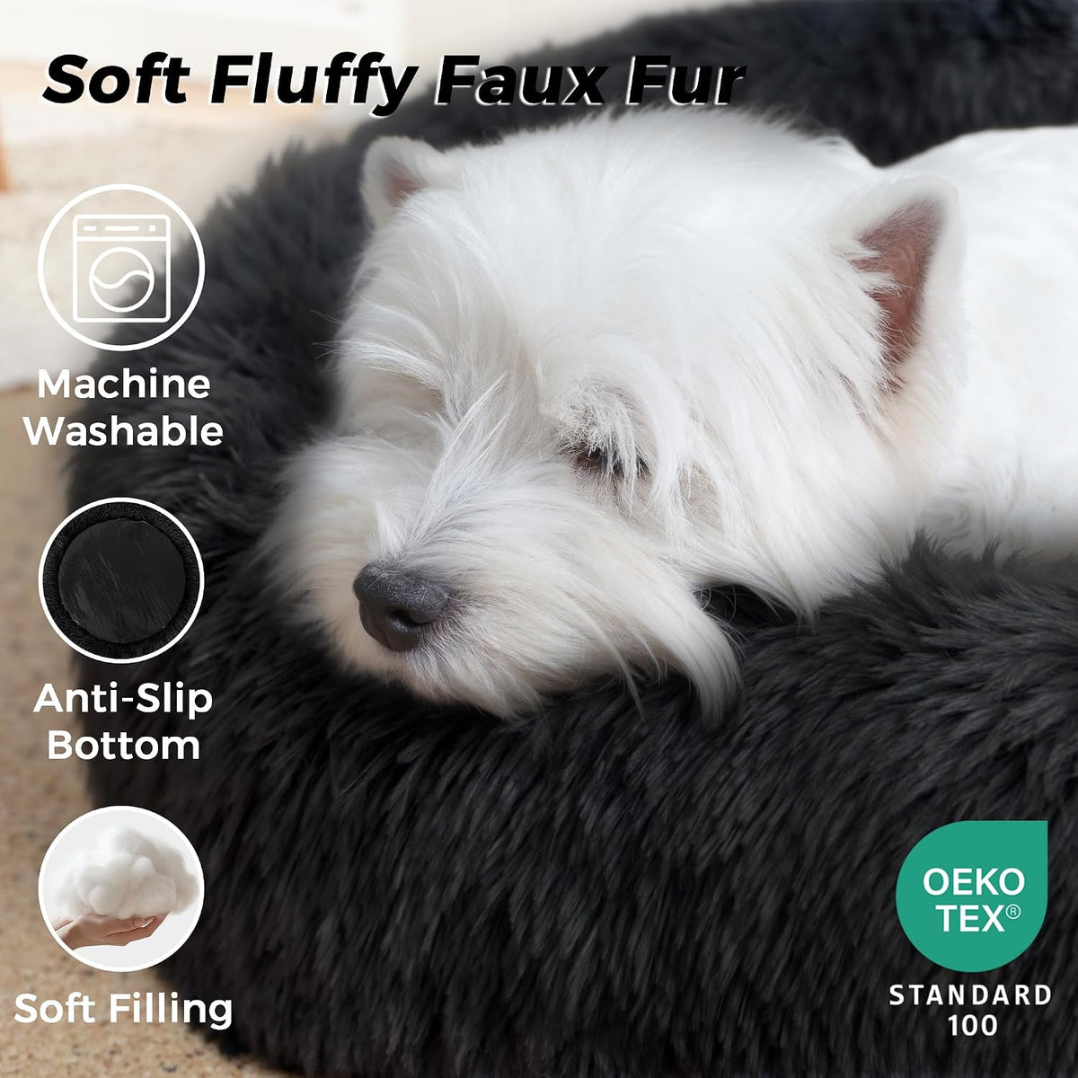 Calming Round Dog Bed & Cat Bed for Indoor Cats, Medium Size Washable Anti-Slip Anti-Anxiety Donut Dog Beds for Small Dogs & Cats, Fluffy Plush Soft Dog Bed(20 Inch, Light Grey)