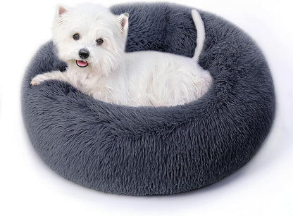 Calming Round Dog Bed & Cat Bed for Indoor Cats, Medium Size Washable Anti-Slip Anti-Anxiety Donut Dog Beds for Small Dogs & Cats, Fluffy Plush Soft Dog Bed(20 Inch, Light Grey)