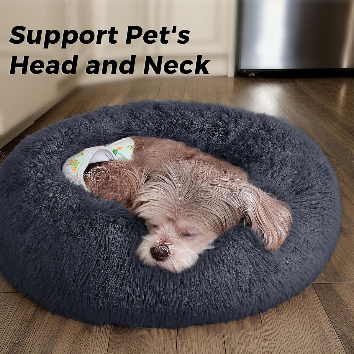 Calming Round Dog Bed & Cat Bed for Indoor Cats, Medium Size Washable Anti-Slip Anti-Anxiety Donut Dog Beds for Small Dogs & Cats, Fluffy Plush Soft Dog Bed(20 Inch, Light Grey)