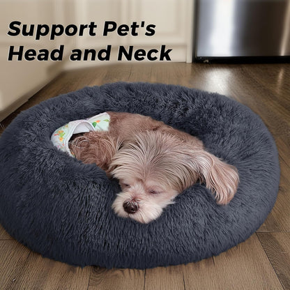 Calming Round Dog Bed & Cat Bed for Indoor Cats, Medium Size Washable Anti-Slip Anti-Anxiety Donut Dog Beds for Small Dogs & Cats, Fluffy Plush Soft Dog Bed(20 Inch, Light Grey)