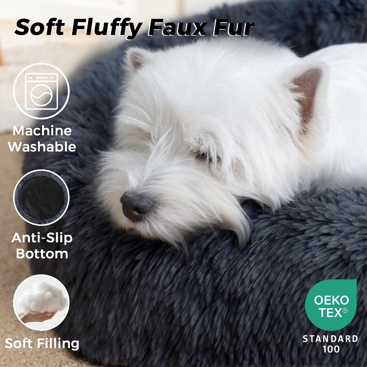 Calming Round Dog Bed & Cat Bed for Indoor Cats, Medium Size Washable Anti-Slip Anti-Anxiety Donut Dog Beds for Small Dogs & Cats, Fluffy Plush Soft Dog Bed(20 Inch, Light Grey)