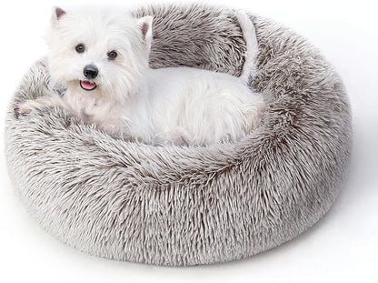 Calming Round Dog Bed & Cat Bed for Indoor Cats, Medium Size Washable Anti-Slip Anti-Anxiety Donut Dog Beds for Small Dogs & Cats, Fluffy Plush Soft Dog Bed(20 Inch, Light Grey)