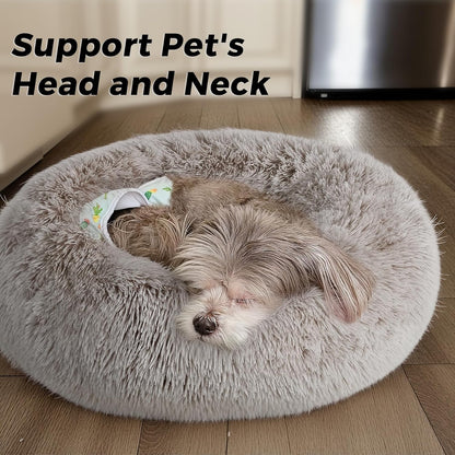 Calming Round Dog Bed & Cat Bed for Indoor Cats, Medium Size Washable Anti-Slip Anti-Anxiety Donut Dog Beds for Small Dogs & Cats, Fluffy Plush Soft Dog Bed(20 Inch, Light Grey)