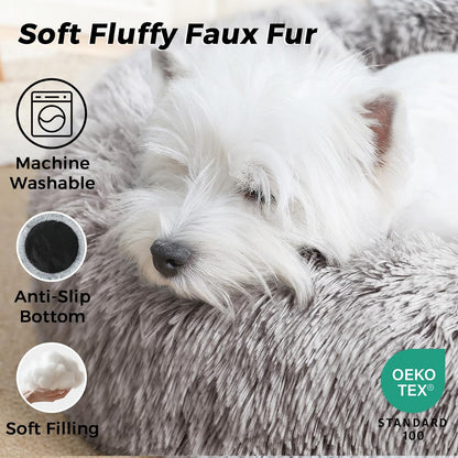 Calming Round Dog Bed & Cat Bed for Indoor Cats, Medium Size Washable Anti-Slip Anti-Anxiety Donut Dog Beds for Small Dogs & Cats, Fluffy Plush Soft Dog Bed(20 Inch, Light Grey)