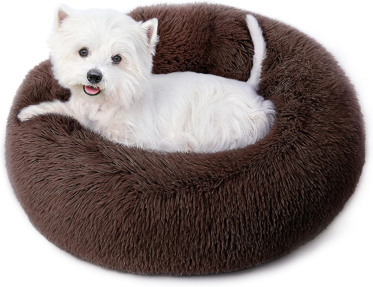 Calming Round Dog Bed & Cat Bed for Indoor Cats, Medium Size Washable Anti-Slip Anti-Anxiety Donut Dog Beds for Small Dogs & Cats, Fluffy Plush Soft Dog Bed(20 Inch, Light Grey)