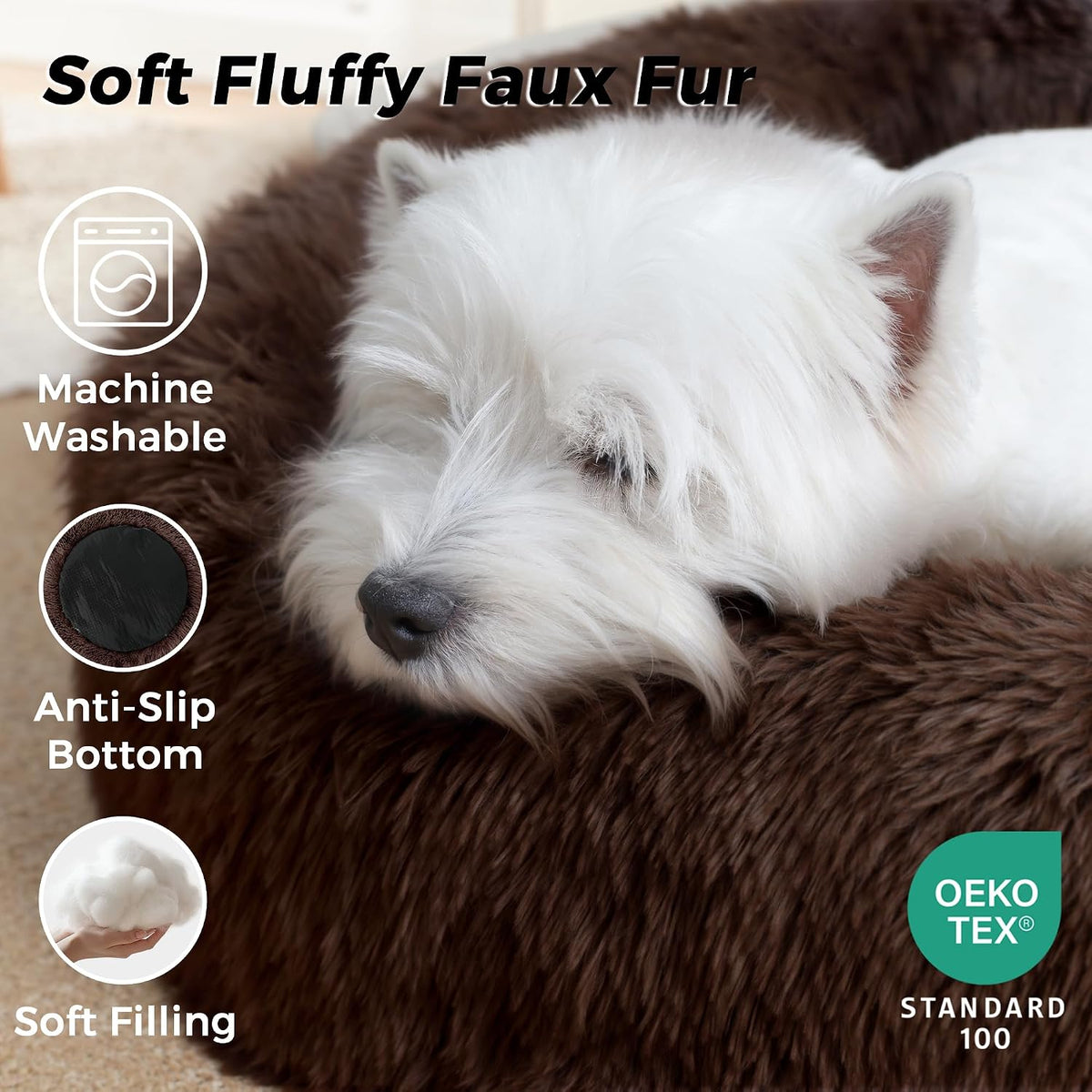 Calming Round Dog Bed & Cat Bed for Indoor Cats, Medium Size Washable Anti-Slip Anti-Anxiety Donut Dog Beds for Small Dogs & Cats, Fluffy Plush Soft Dog Bed(20 Inch, Light Grey)