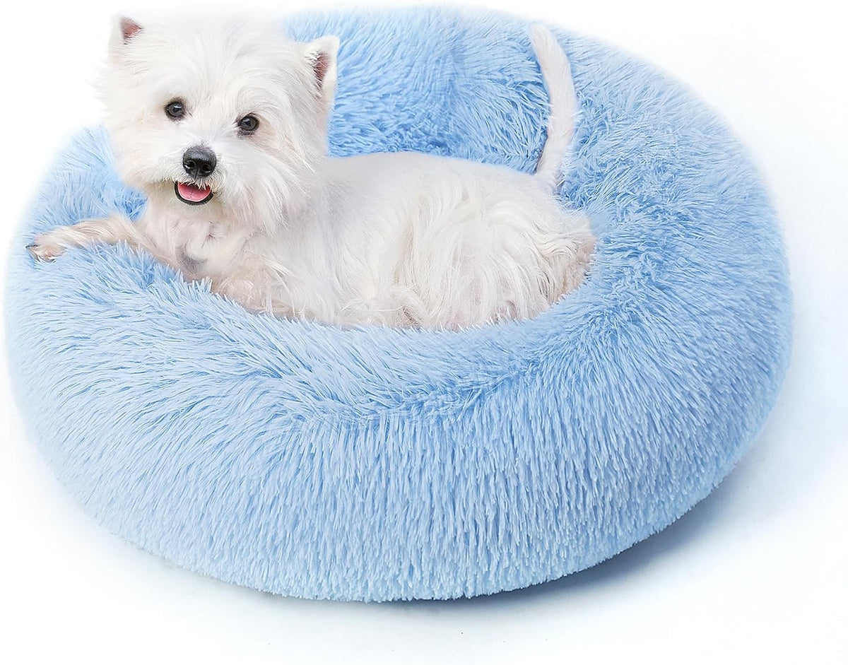 Calming Round Dog Bed & Cat Bed for Indoor Cats, Medium Size Washable Anti-Slip Anti-Anxiety Donut Dog Beds for Small Dogs & Cats, Fluffy Plush Soft Dog Bed(20 Inch, Light Grey)