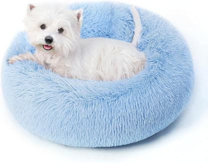 Calming Round Dog Bed & Cat Bed for Indoor Cats, Medium Size Washable Anti-Slip Anti-Anxiety Donut Dog Beds for Small Dogs & Cats, Fluffy Plush Soft Dog Bed(20 Inch, Light Grey)