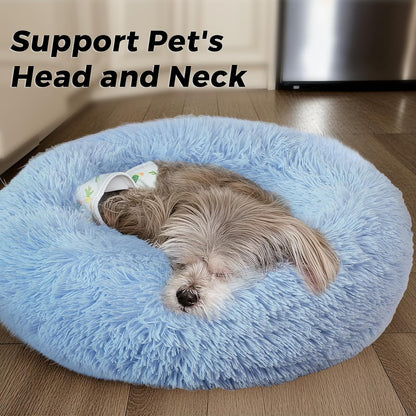 Calming Round Dog Bed & Cat Bed for Indoor Cats, Medium Size Washable Anti-Slip Anti-Anxiety Donut Dog Beds for Small Dogs & Cats, Fluffy Plush Soft Dog Bed(20 Inch, Light Grey)