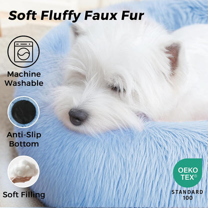 Calming Round Dog Bed & Cat Bed for Indoor Cats, Medium Size Washable Anti-Slip Anti-Anxiety Donut Dog Beds for Small Dogs & Cats, Fluffy Plush Soft Dog Bed(20 Inch, Light Grey)