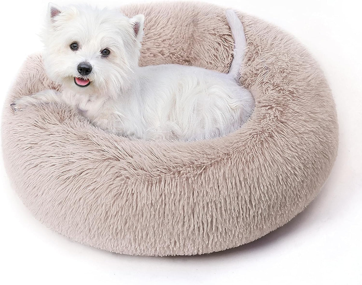 Calming Round Dog Bed & Cat Bed for Indoor Cats, Medium Size Washable Anti-Slip Anti-Anxiety Donut Dog Beds for Small Dogs & Cats, Fluffy Plush Soft Dog Bed(20 Inch, Light Grey)