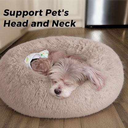 Calming Round Dog Bed & Cat Bed for Indoor Cats, Medium Size Washable Anti-Slip Anti-Anxiety Donut Dog Beds for Small Dogs & Cats, Fluffy Plush Soft Dog Bed(20 Inch, Light Grey)