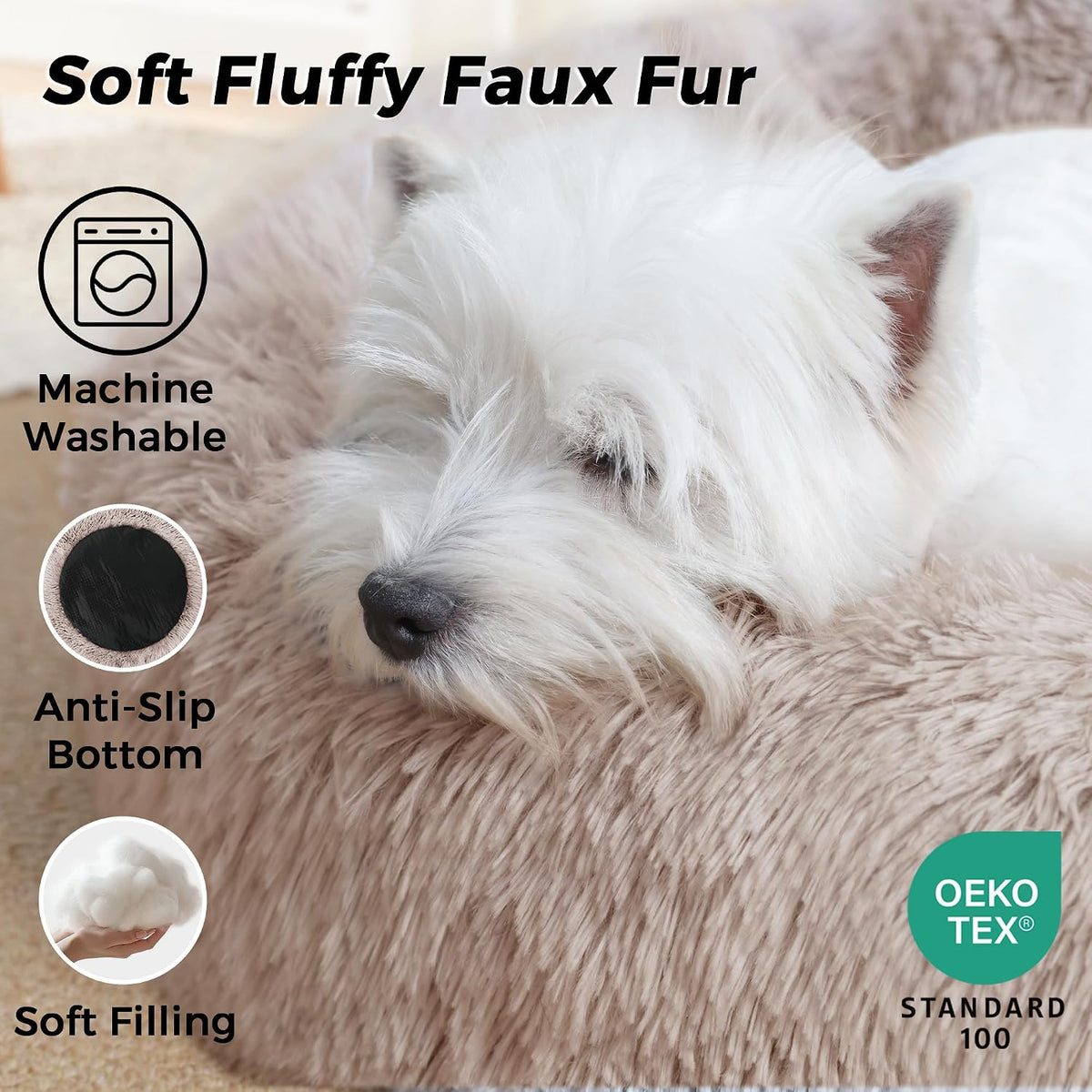 Calming Round Dog Bed & Cat Bed for Indoor Cats, Medium Size Washable Anti-Slip Anti-Anxiety Donut Dog Beds for Small Dogs & Cats, Fluffy Plush Soft Dog Bed(20 Inch, Light Grey)