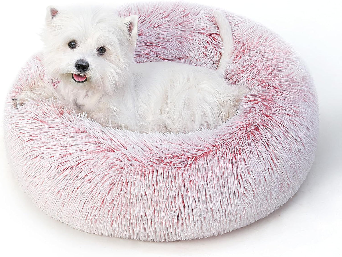 Calming Round Dog Bed & Cat Bed for Indoor Cats, Medium Size Washable Anti-Slip Anti-Anxiety Donut Dog Beds for Small Dogs & Cats, Fluffy Plush Soft Dog Bed(20 Inch, Light Grey)