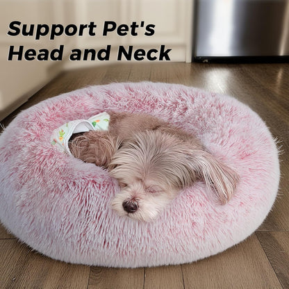 Calming Round Dog Bed & Cat Bed for Indoor Cats, Medium Size Washable Anti-Slip Anti-Anxiety Donut Dog Beds for Small Dogs & Cats, Fluffy Plush Soft Dog Bed(20 Inch, Light Grey)