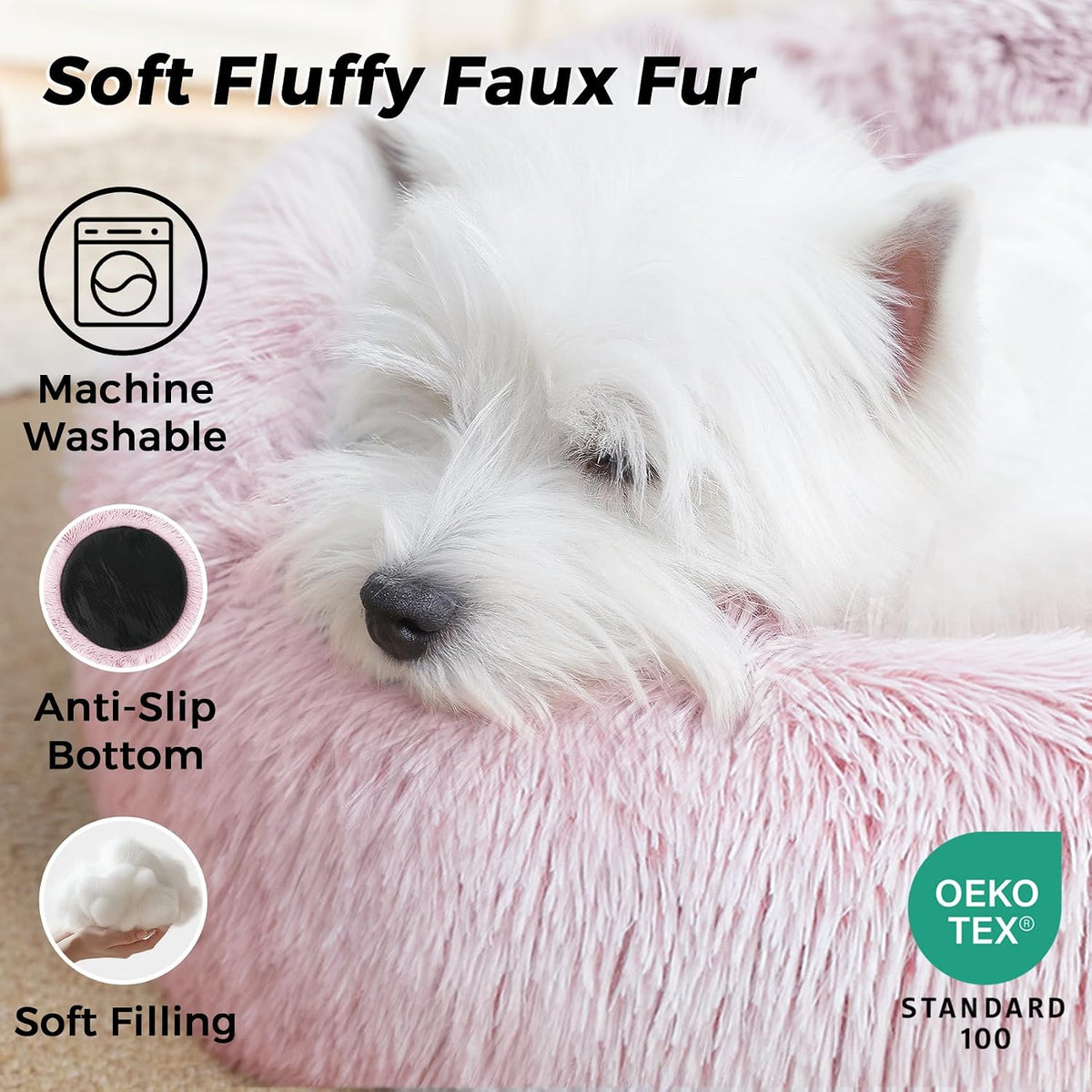 Calming Round Dog Bed & Cat Bed for Indoor Cats, Medium Size Washable Anti-Slip Anti-Anxiety Donut Dog Beds for Small Dogs & Cats, Fluffy Plush Soft Dog Bed(20 Inch, Light Grey)