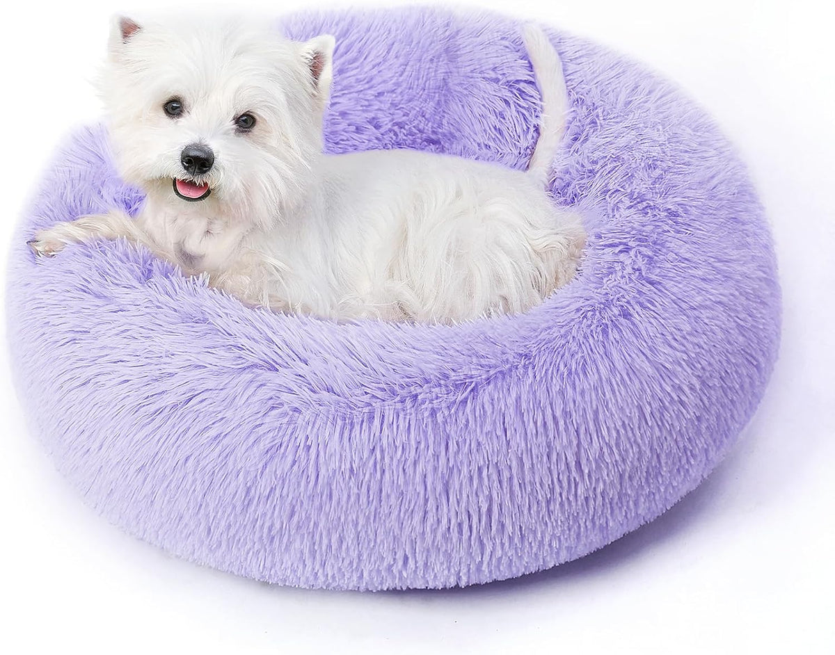 Calming Round Dog Bed & Cat Bed for Indoor Cats, Medium Size Washable Anti-Slip Anti-Anxiety Donut Dog Beds for Small Dogs & Cats, Fluffy Plush Soft Dog Bed(20 Inch, Light Grey)