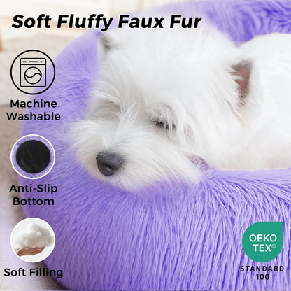 Calming Round Dog Bed & Cat Bed for Indoor Cats, Medium Size Washable Anti-Slip Anti-Anxiety Donut Dog Beds for Small Dogs & Cats, Fluffy Plush Soft Dog Bed(20 Inch, Light Grey)