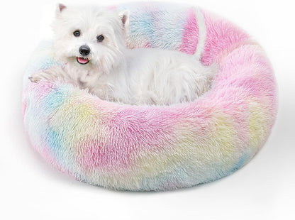 Calming Round Dog Bed & Cat Bed for Indoor Cats, Medium Size Washable Anti-Slip Anti-Anxiety Donut Dog Beds for Small Dogs & Cats, Fluffy Plush Soft Dog Bed(20 Inch, Light Grey)