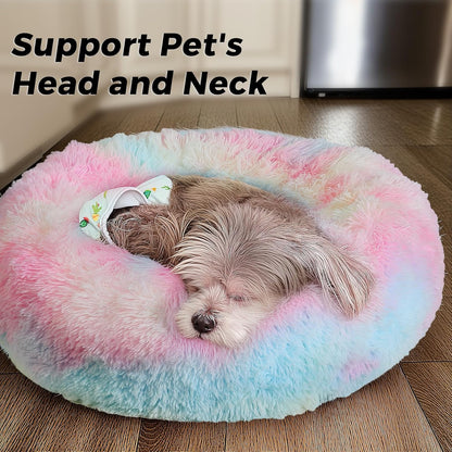Calming Round Dog Bed & Cat Bed for Indoor Cats, Medium Size Washable Anti-Slip Anti-Anxiety Donut Dog Beds for Small Dogs & Cats, Fluffy Plush Soft Dog Bed(20 Inch, Light Grey)