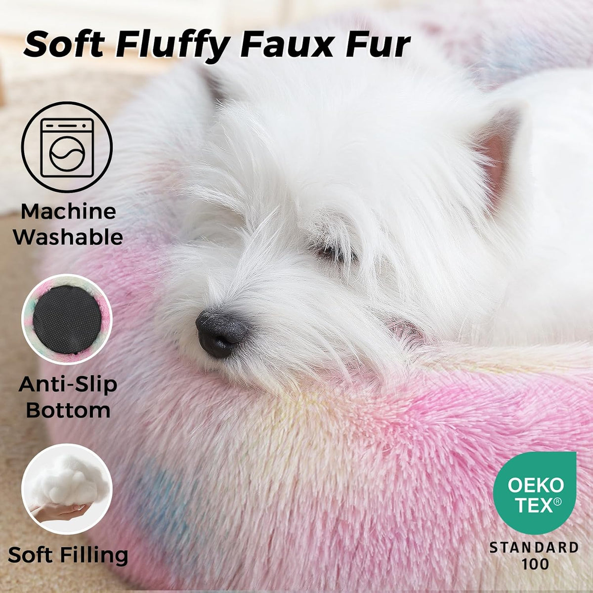 Calming Round Dog Bed & Cat Bed for Indoor Cats, Medium Size Washable Anti-Slip Anti-Anxiety Donut Dog Beds for Small Dogs & Cats, Fluffy Plush Soft Dog Bed(20 Inch, Light Grey)