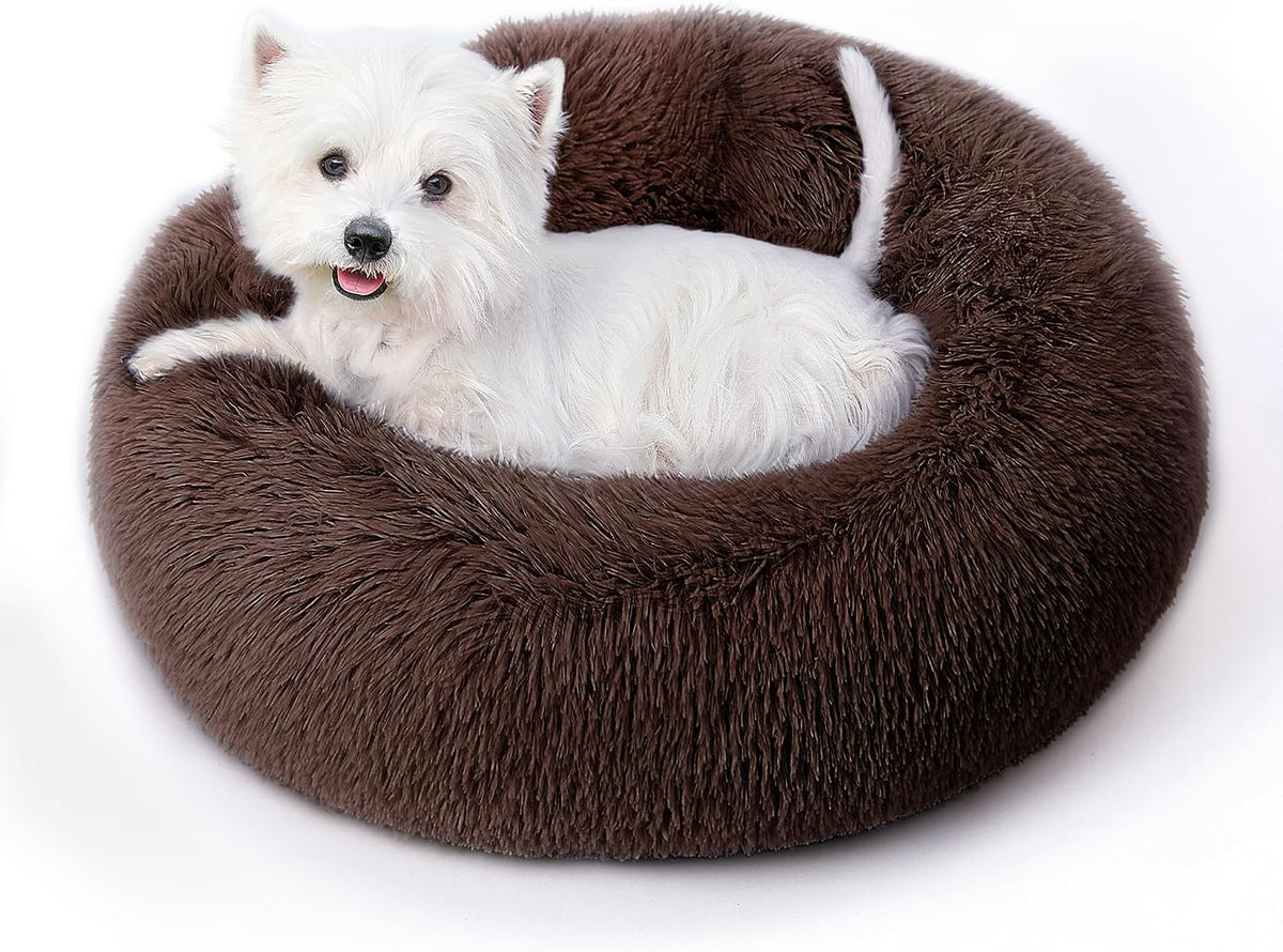 Calming Round Dog Bed & Cat Bed for Indoor Cats, Medium Size Washable Anti-Slip Anti-Anxiety Donut Dog Beds for Small Dogs & Cats, Fluffy Plush Soft Dog Bed(20 Inch, Light Grey)