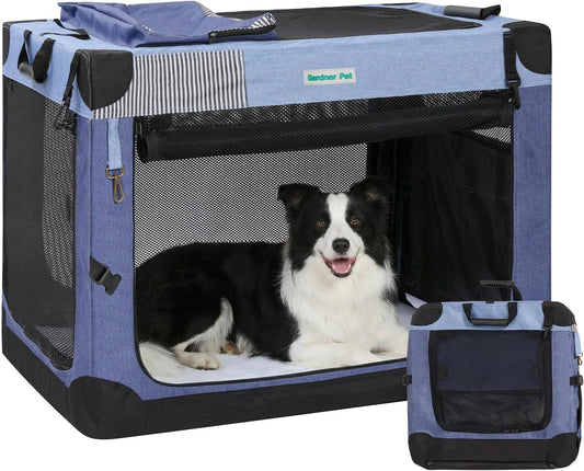 Soft Collapsible Dog Crate - 36 Inch Portable Travel Dog Crate for Medium/Large Dogs Indoor & Outdoor, 3-Door Pet Crate with Durable Mesh Windows & Storage Bag, Blue