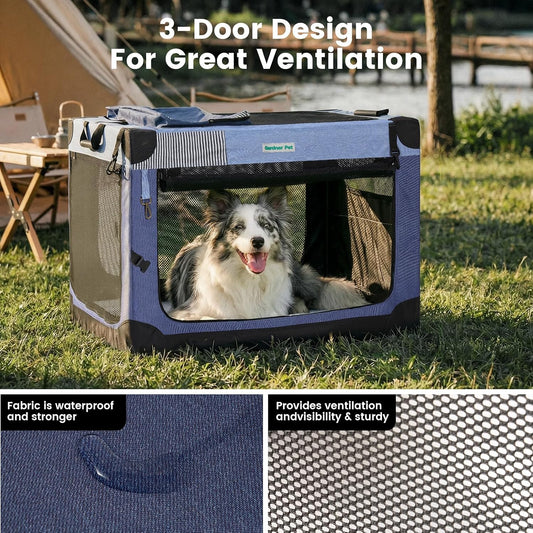 Soft Collapsible Dog Crate - 36 Inch Portable Travel Dog Crate for Medium/Large Dogs Indoor & Outdoor, 3-Door Pet Crate with Durable Mesh Windows & Storage Bag, Blue