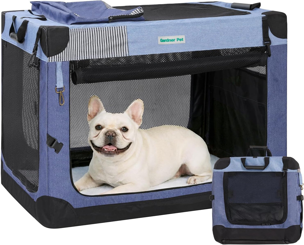 Soft Collapsible Dog Crate - 36 Inch Portable Travel Dog Crate for Medium/Large Dogs Indoor & Outdoor, 3-Door Pet Crate with Durable Mesh Windows & Storage Bag, Blue