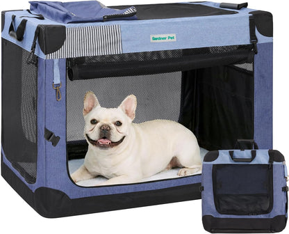 Soft Collapsible Dog Crate - 36 Inch Portable Travel Dog Crate for Medium/Large Dogs Indoor & Outdoor, 3-Door Pet Crate with Durable Mesh Windows & Storage Bag, Blue