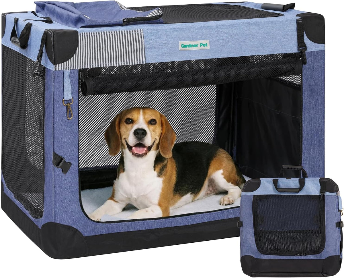 Soft Collapsible Dog Crate - 36 Inch Portable Travel Dog Crate for Medium/Large Dogs Indoor & Outdoor, 3-Door Pet Crate with Durable Mesh Windows & Storage Bag, Blue