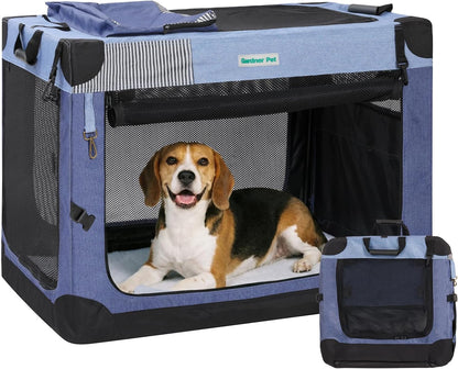 Soft Collapsible Dog Crate - 36 Inch Portable Travel Dog Crate for Medium/Large Dogs Indoor & Outdoor, 3-Door Pet Crate with Durable Mesh Windows & Storage Bag, Blue