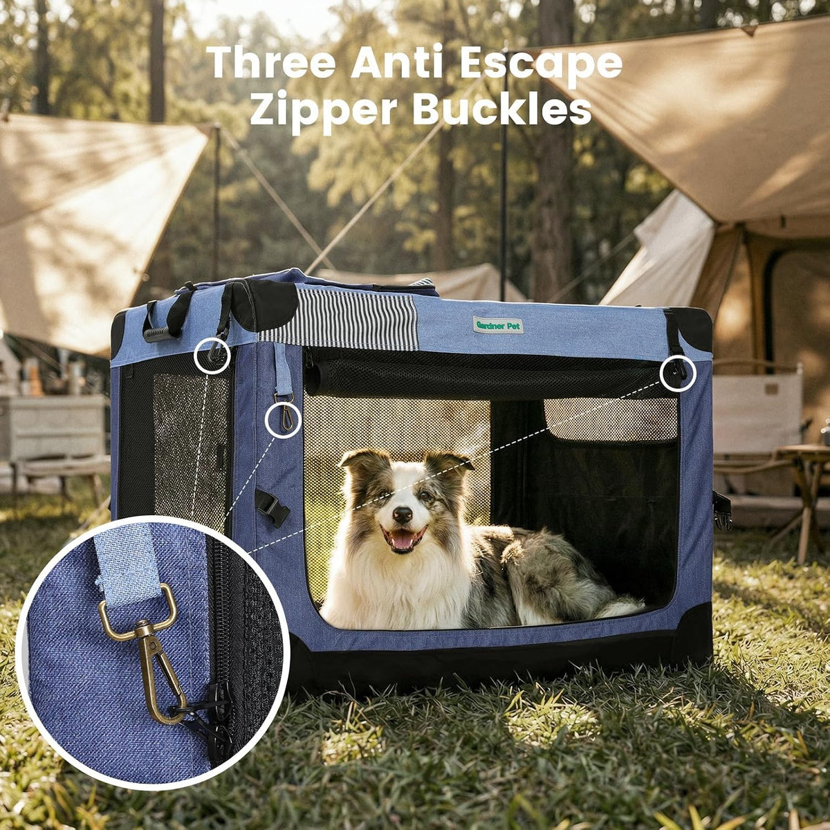 Soft Collapsible Dog Crate - 36 Inch Portable Travel Dog Crate for Medium/Large Dogs Indoor & Outdoor, 3-Door Pet Crate with Durable Mesh Windows & Storage Bag, Blue