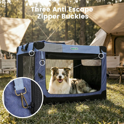 Soft Collapsible Dog Crate - 36 Inch Portable Travel Dog Crate for Medium/Large Dogs Indoor & Outdoor, 3-Door Pet Crate with Durable Mesh Windows & Storage Bag, Blue