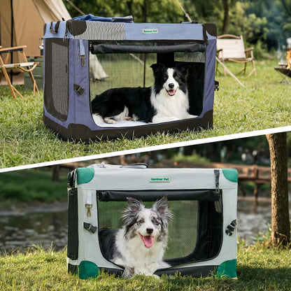 Soft Collapsible Dog Crate - 36 Inch Portable Travel Dog Crate for Medium/Large Dogs Indoor & Outdoor, 3-Door Pet Crate with Durable Mesh Windows & Storage Bag, Blue