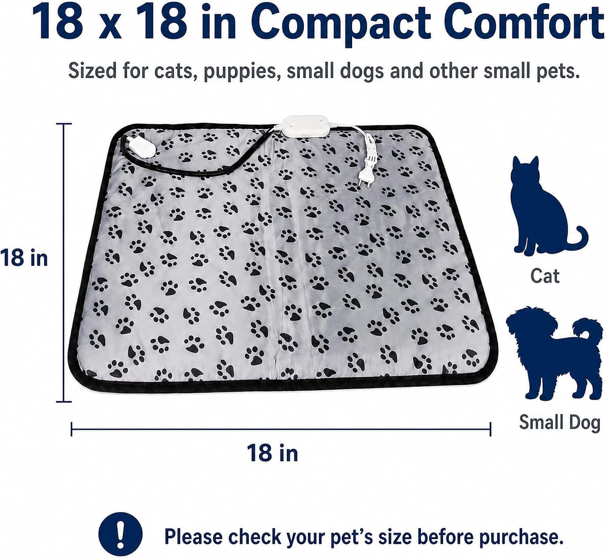 Cat Heating Pad 18'' × 18'' Self-Warming Pet Bed, Electric Heated Dog & Cat Pad, Waterproof, Temperature Adjustable, Fast Heating, Safe Thermostat for Kittens Puppies Small Pets