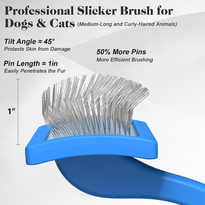 2PCS Slicker Brush for Dogs & Pet Comb,Professional Dog Grooming Brush (Goldendoodles,Poodles,Labradoodles) with Extra Long Pins to Effectively Remove Tangles, Knots and Mats (Blue, Large)