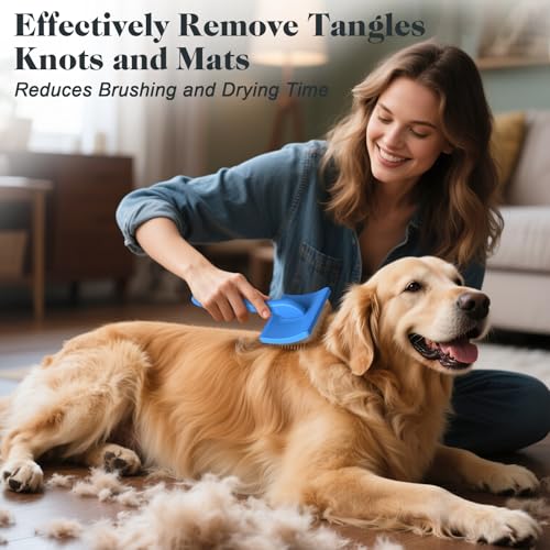 2PCS Slicker Brush for Dogs & Pet Comb,Professional Dog Grooming Brush (Goldendoodles,Poodles,Labradoodles) with Extra Long Pins to Effectively Remove Tangles, Knots and Mats (Blue, Large)