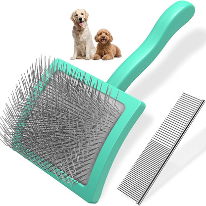 2PCS Slicker Brush for Dogs & Pet Comb,Professional Dog Grooming Brush (Goldendoodles,Poodles,Labradoodles) with Extra Long Pins to Effectively Remove Tangles, Knots and Mats (Blue, Large)