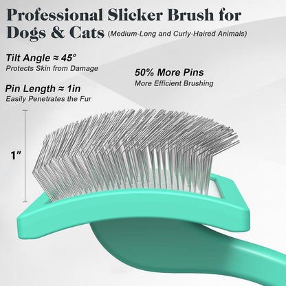 2PCS Slicker Brush for Dogs & Pet Comb,Professional Dog Grooming Brush (Goldendoodles,Poodles,Labradoodles) with Extra Long Pins to Effectively Remove Tangles, Knots and Mats (Blue, Large)
