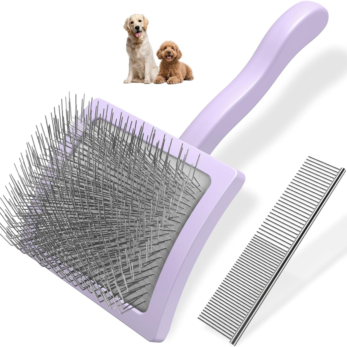 2PCS Slicker Brush for Dogs & Pet Comb,Professional Dog Grooming Brush (Goldendoodles,Poodles,Labradoodles) with Extra Long Pins to Effectively Remove Tangles, Knots and Mats (Blue, Large)