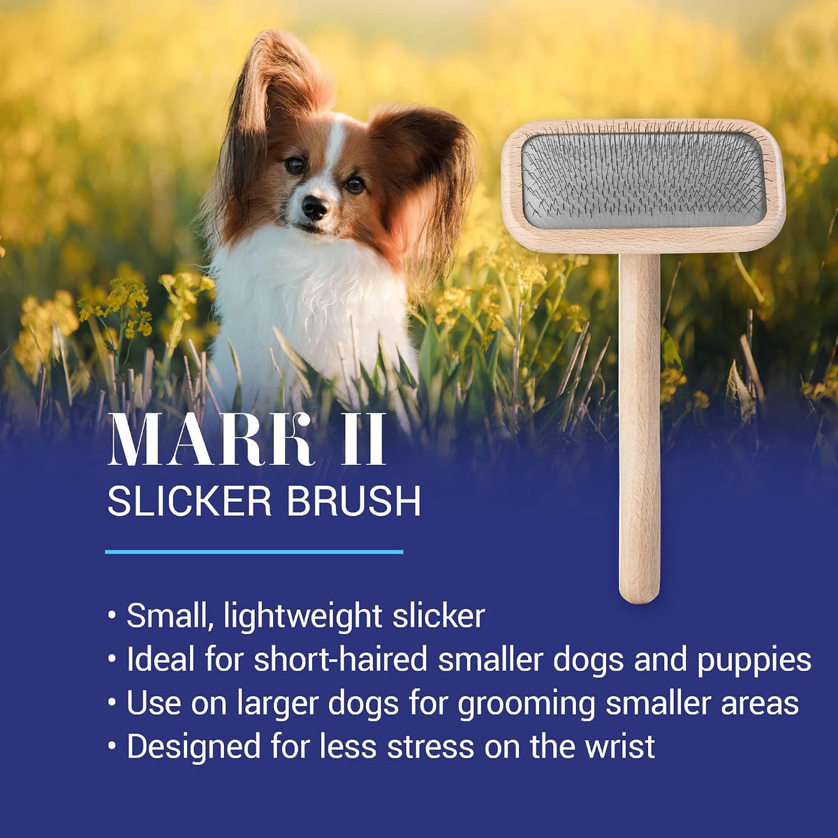 Mark I Slicker Brush for Dogs, 12mm Pins, Groom Like a Pro, Handcrafted Lightweight Beechwood Ergonomic Handle, Stainless Steel Pins, A5I X-Small. Made in Germany.