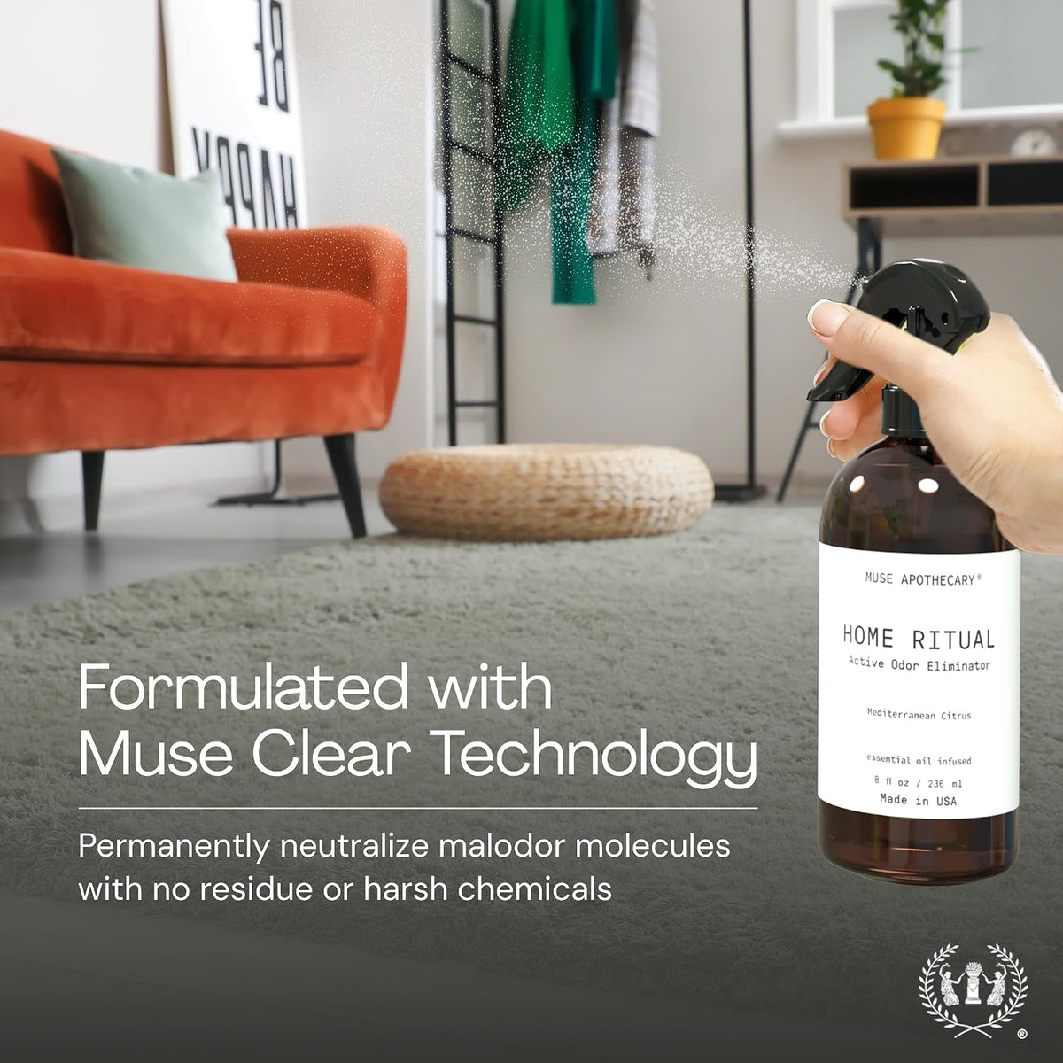 Home Ritual Active Odor Eliminator Spray - Furniture Deodorizer Spray & Bathroom Odor Eliminator for Home - Essential Oil Air Freshener - 4oz, Fresh Linen