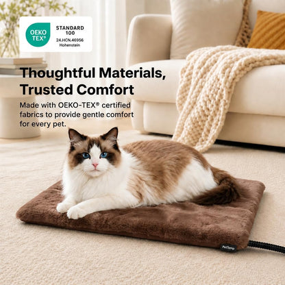 Pet Heating Pad for Cats Dogs Indoor & Sheltered Outdoor Waterproof Heated Cat Bed Heated Dog Bed Chew Resistant Cord Constant Temperature Electric Warming (Brown, S: 16" × 13" × 1.3")