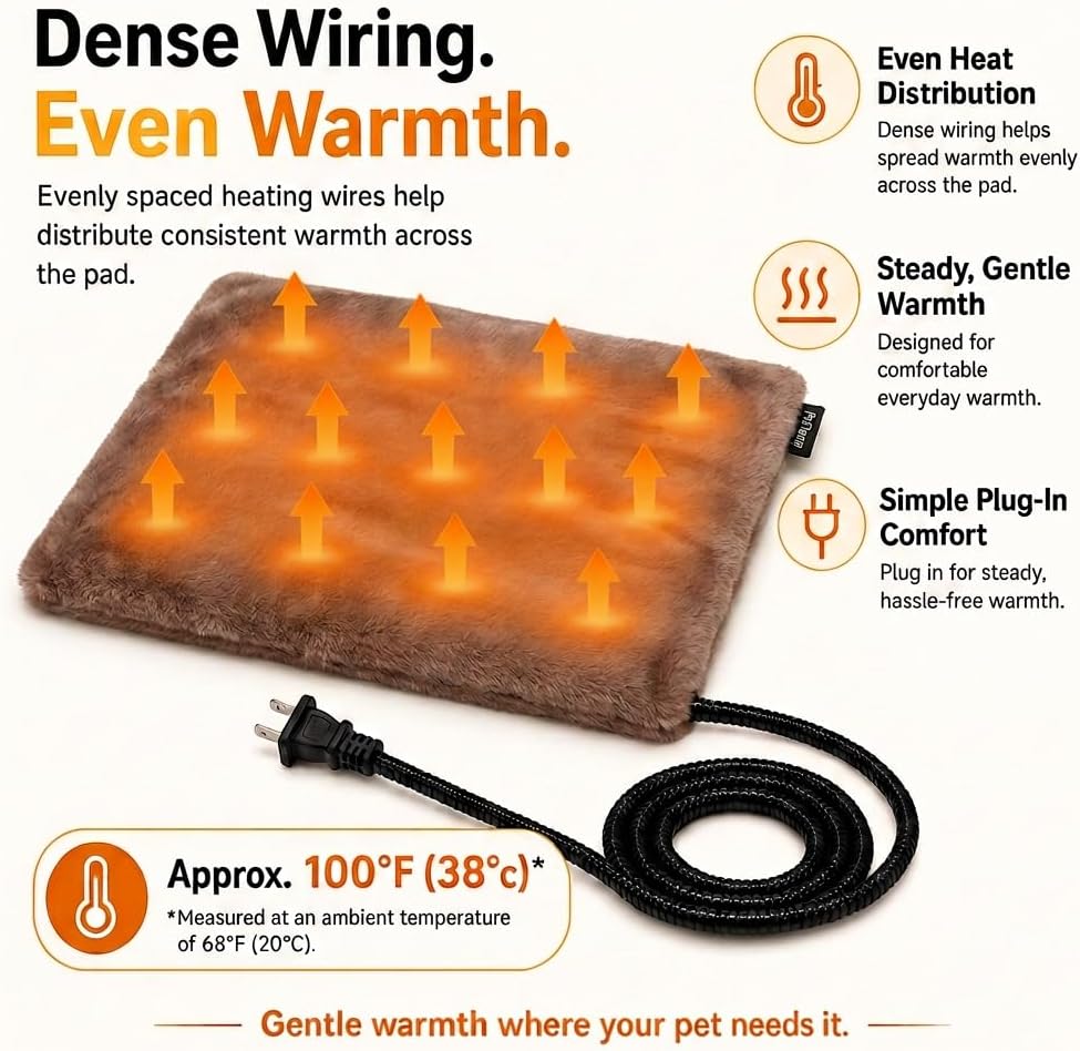 Pet Heating Pad for Cats Dogs Indoor & Sheltered Outdoor Waterproof Heated Cat Bed Heated Dog Bed Chew Resistant Cord Constant Temperature Electric Warming (Brown, S: 16" × 13" × 1.3")