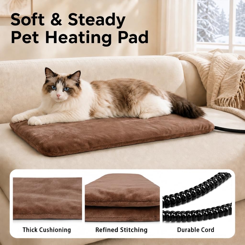Pet Heating Pad for Cats Dogs Indoor & Sheltered Outdoor Waterproof Heated Cat Bed Heated Dog Bed Chew Resistant Cord Constant Temperature Electric Warming (Brown, S: 16" × 13" × 1.3")