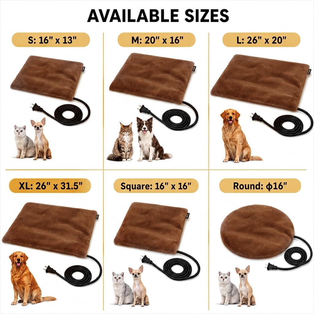 Pet Heating Pad for Cats Dogs Indoor & Sheltered Outdoor Waterproof Heated Cat Bed Heated Dog Bed Chew Resistant Cord Constant Temperature Electric Warming (Brown, S: 16" × 13" × 1.3")