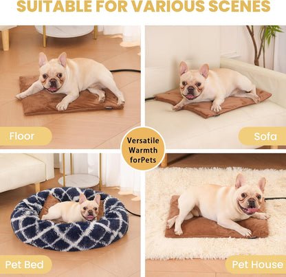 Pet Heating Pad for Cats Dogs Indoor & Sheltered Outdoor Waterproof Heated Cat Bed Heated Dog Bed Chew Resistant Cord Constant Temperature Electric Warming (Brown, S: 16" × 13" × 1.3")