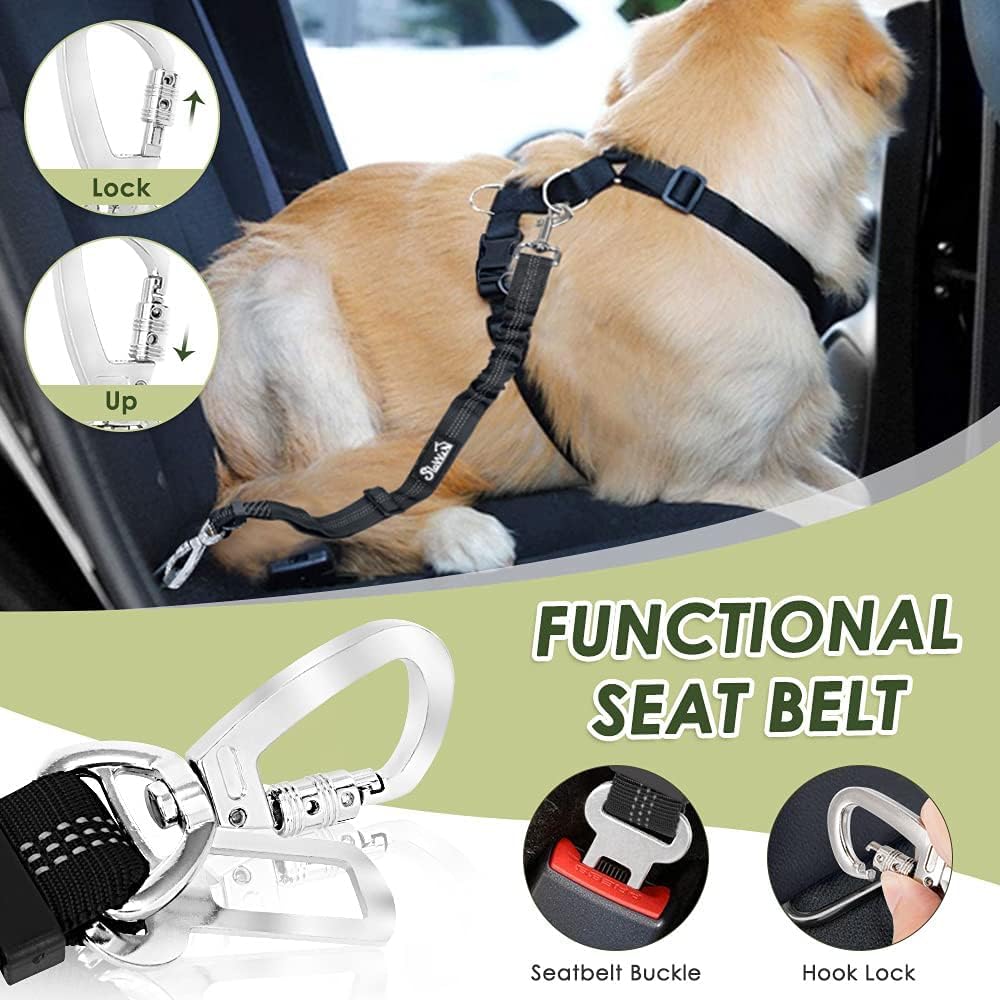Dog Seat Belt Harness for Car, Dog Car Harness & Seatbelt, FU M | Adjustable Mesh Breathable Harness & Dog Seatbelt Safety Tether with Elastic Bungee & Double Clips for Small Medium Large Pet