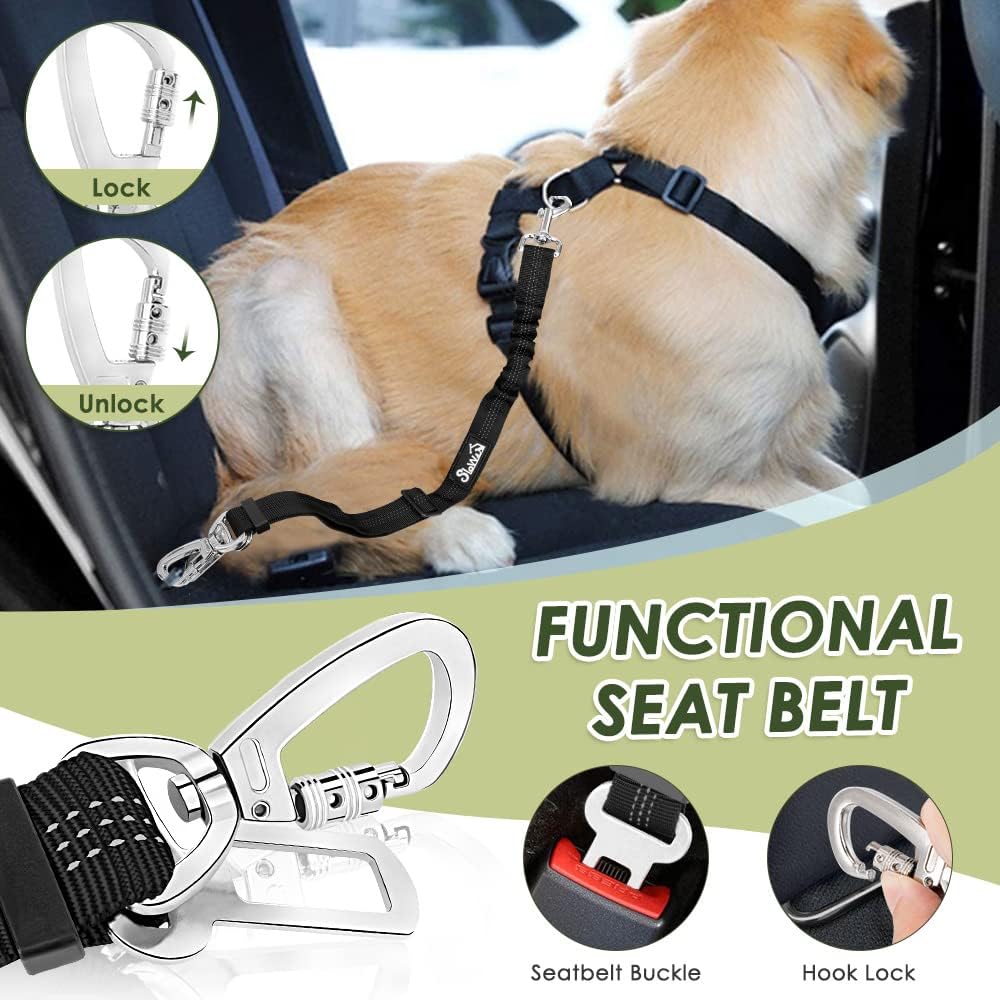 Dog Seat Belt Harness for Car, Dog Car Harness & Seatbelt, FU M | Adjustable Mesh Breathable Harness & Dog Seatbelt Safety Tether with Elastic Bungee & Double Clips for Small Medium Large Pet